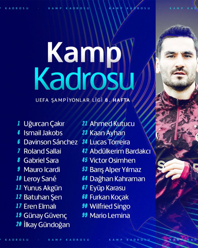 mk体育APP-加拉塔萨雷公布对阵曼城大名单：萨内、京多安战旧主